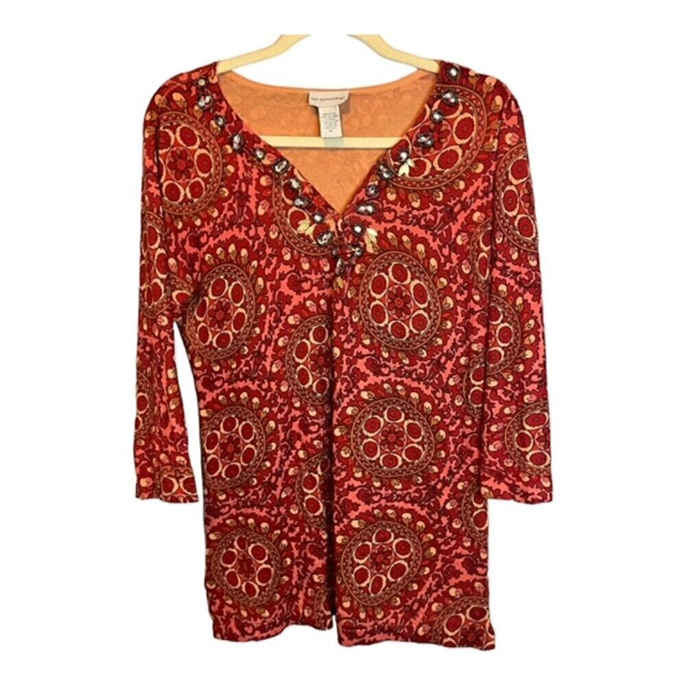Soft Surroundings Blouse Women's Size Medium Floral‎ Beaded Red Pink